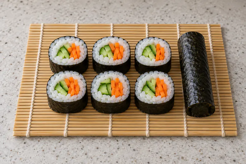 Zes stukjes maki met komkommer en wortel en een hele norirol op een bamboemat