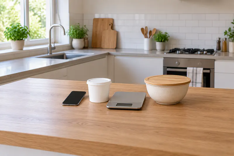 Een telefoon, gesloten bakje, keukenweegschaal en afgedekte kom op een tafel