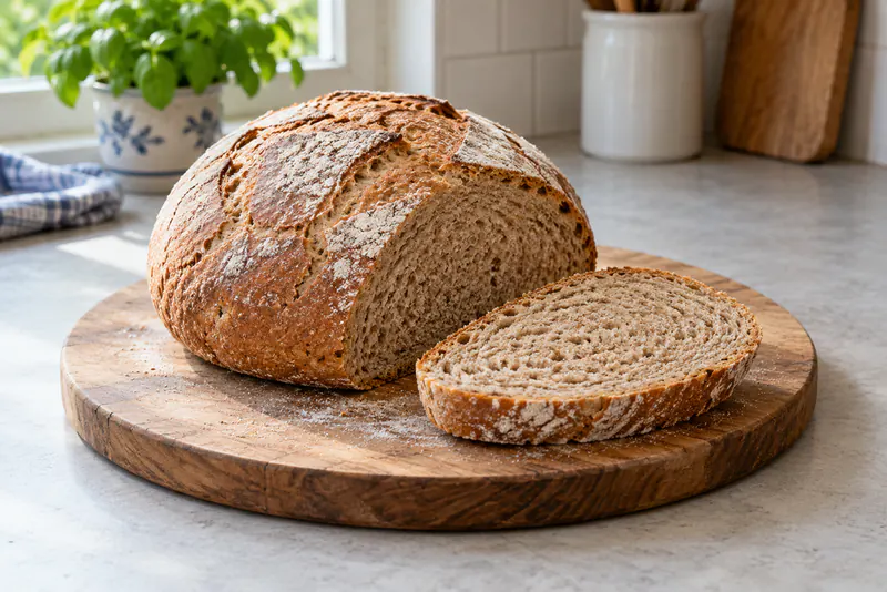 Een rond bruin brood met een afgesneden snee op een houten plank