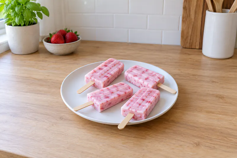 Vier roze ijsjes met aardbeienstukjes op houten stokjes op een wit bord