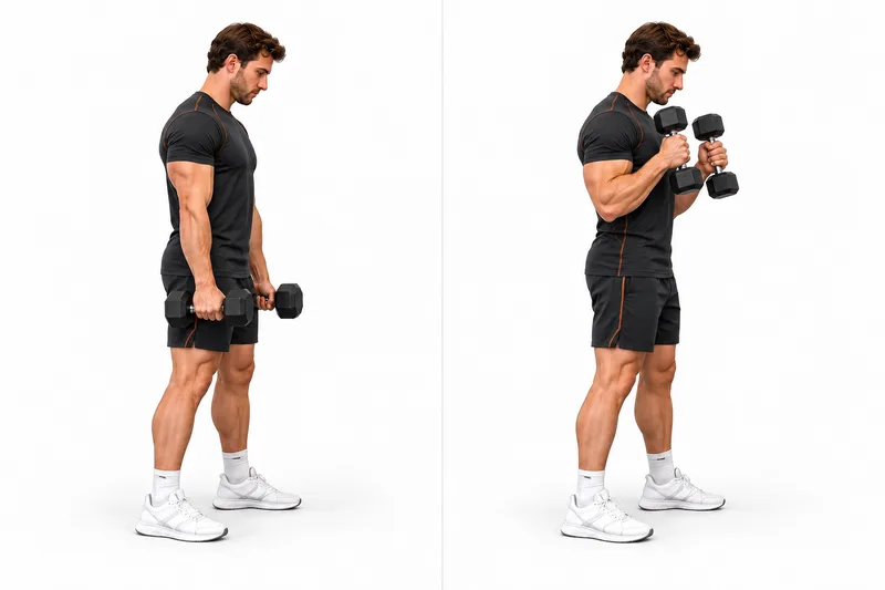 Houd de dumbbells naast je benen met de handpalmen naar je lichaam en rechte polsen.