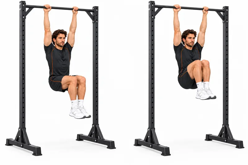 Sporter hangt met gestrekte armen aan een rekstang, met de bovenbenen horizontaal en beide knieën gebogen.