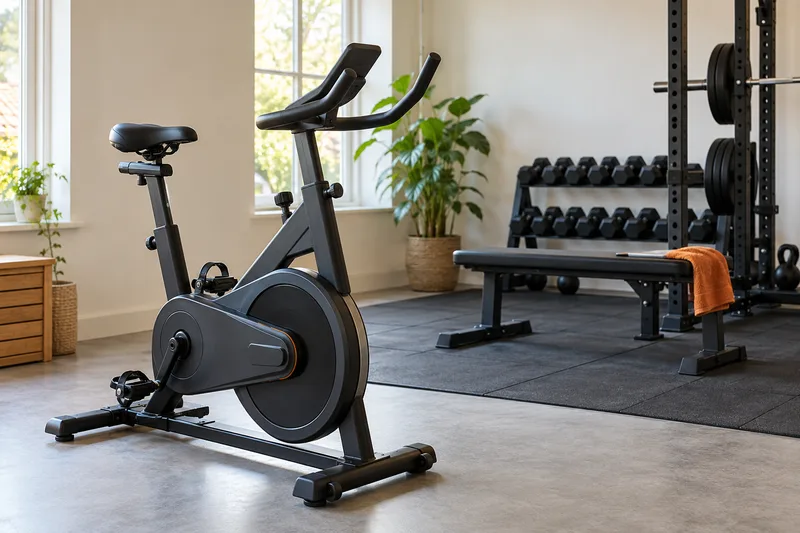 Een hometrainer naast een trainingsbank en een rek met dumbbells