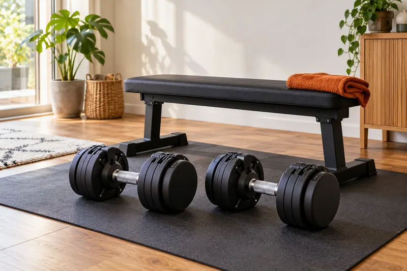 Twee verstelbare dumbbells en een vlakke trainingsbank op een mat in een lichte kamer