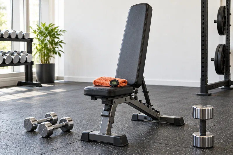 Dumbbells, een stopwatch en een bank met rechte rugsteun in een sportschool
