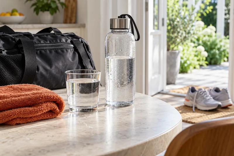 Een fles en een glas water naast een sporttas en handdoek