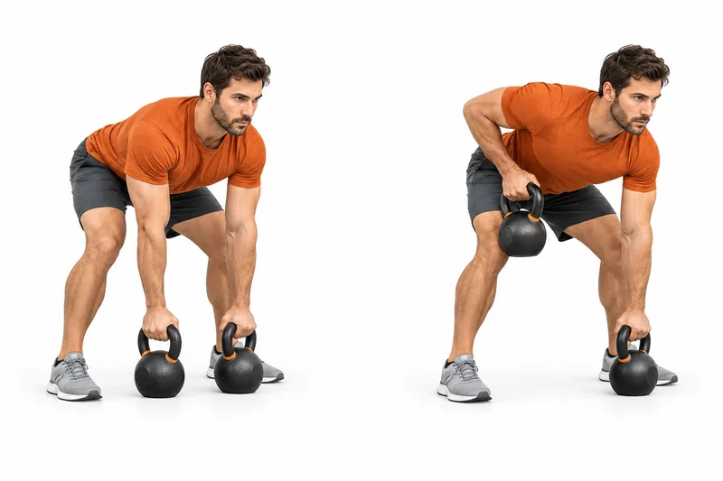 Voorovergebogen met twee kettlebells tussen de voeten en beide handen aan de grepen op de vloer