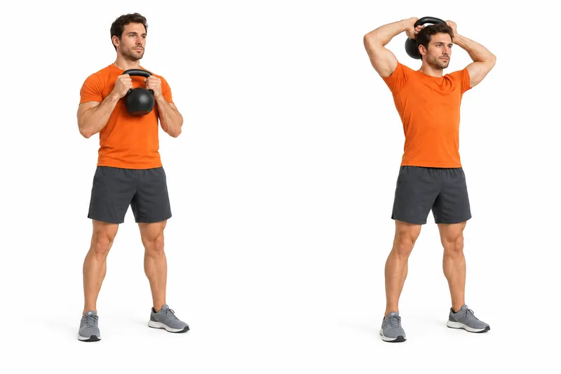 Staand met beide handen aan de zijkanten van de kettlebellgreep en het gewicht voor de borst