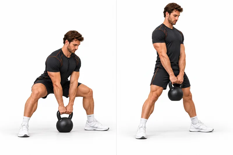 Sta breed, schuif je heupen naar achteren en pak de kettlebell tussen je voeten met beide handen.