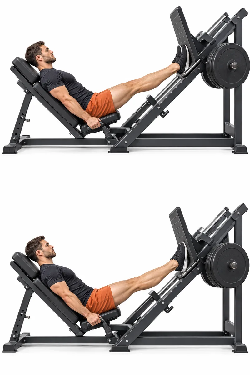 Liggend in de leg press met voorvoeten op de platformrand, knieën vrijwel gestrekt en enkels gebogen