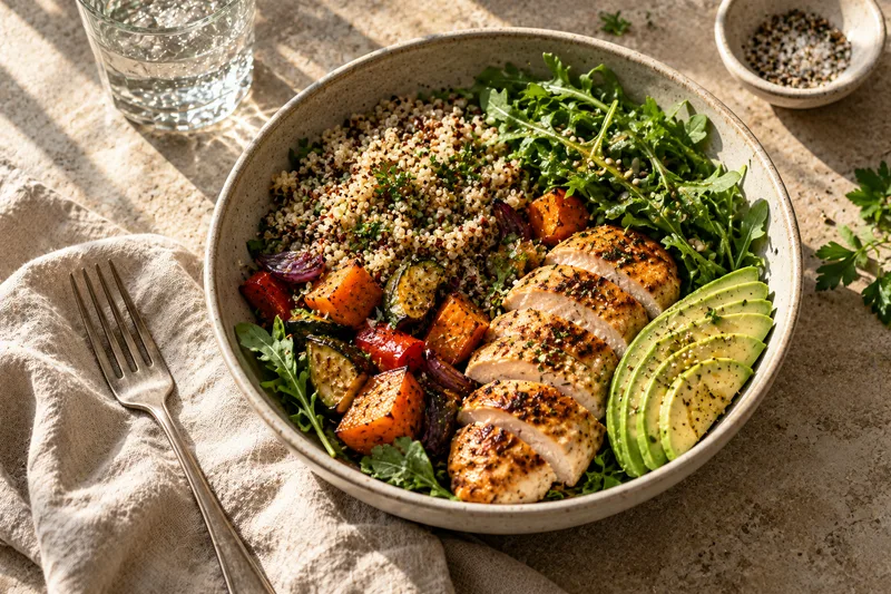 Een kom met kip, quinoa, avocado en groenten