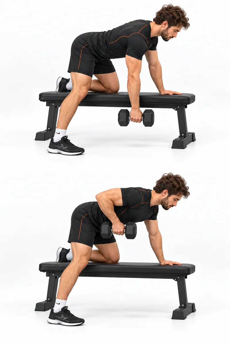 Eén hand en de knie aan dezelfde kant op de bank, andere voet op de vloer en de dumbbell met een lange arm omlaag