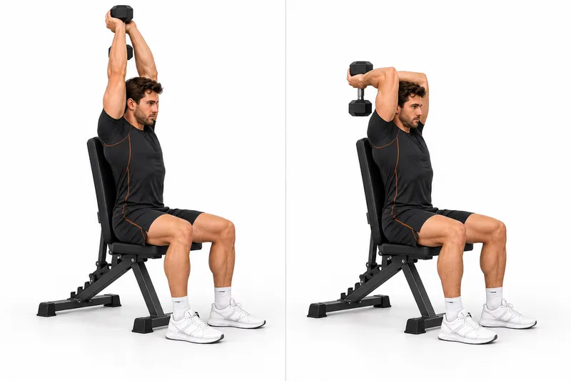 Zit rechtop en ondersteun één verticale dumbbell met beide handen onder de bovenste kop.