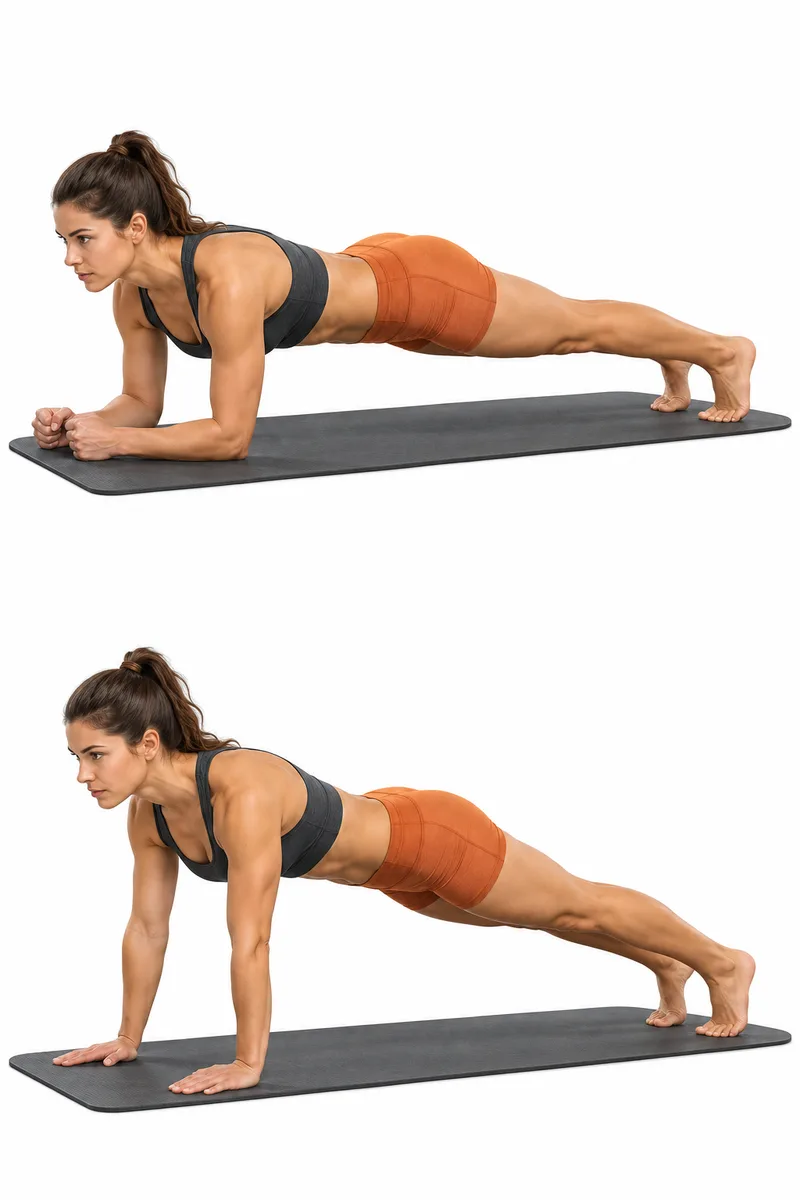 Lage plank met beide onderarmen op de vloer, ellebogen onder schouders en tenen op de mat.