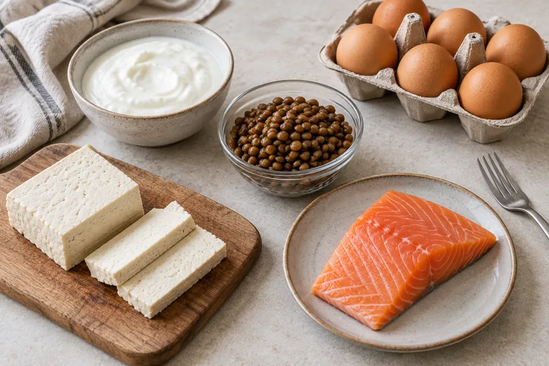 Yoghurt, eieren, linzen, tofu en zalm op een keukentafel