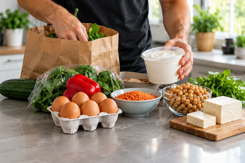 Boodschappen met kwark, eieren, linzen en tofu op een keukenblad