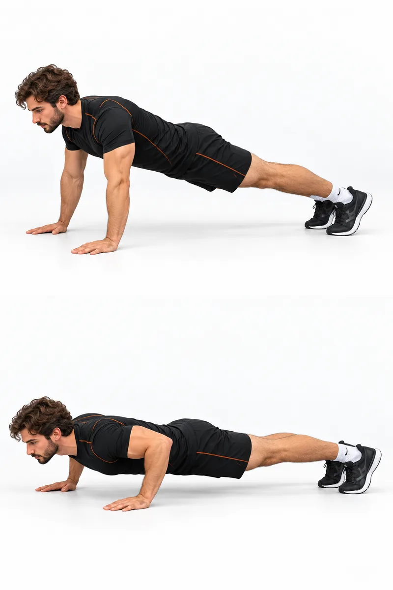 Zet de handen iets breder dan je schouders en houd je lichaam recht tot je hielen.