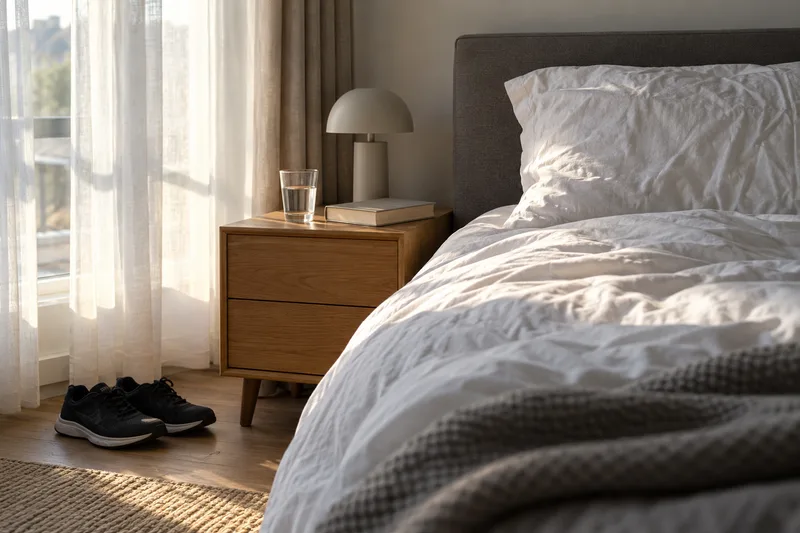 Een bed, een glas water en een boek in zacht ochtendlicht