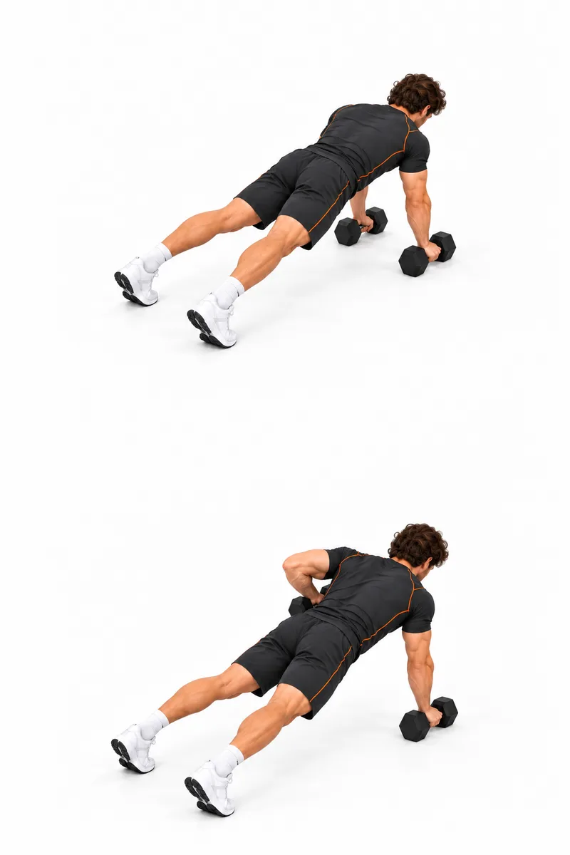 Sporter in een hoge plank met beide handen om de grepen van twee hex-dumbbells op de vloer.