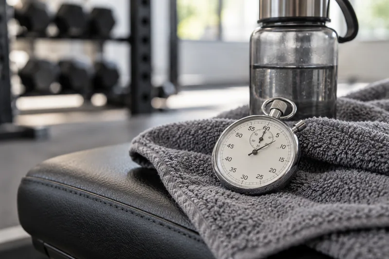 Een stopwatch op een handdoek naast een waterfles