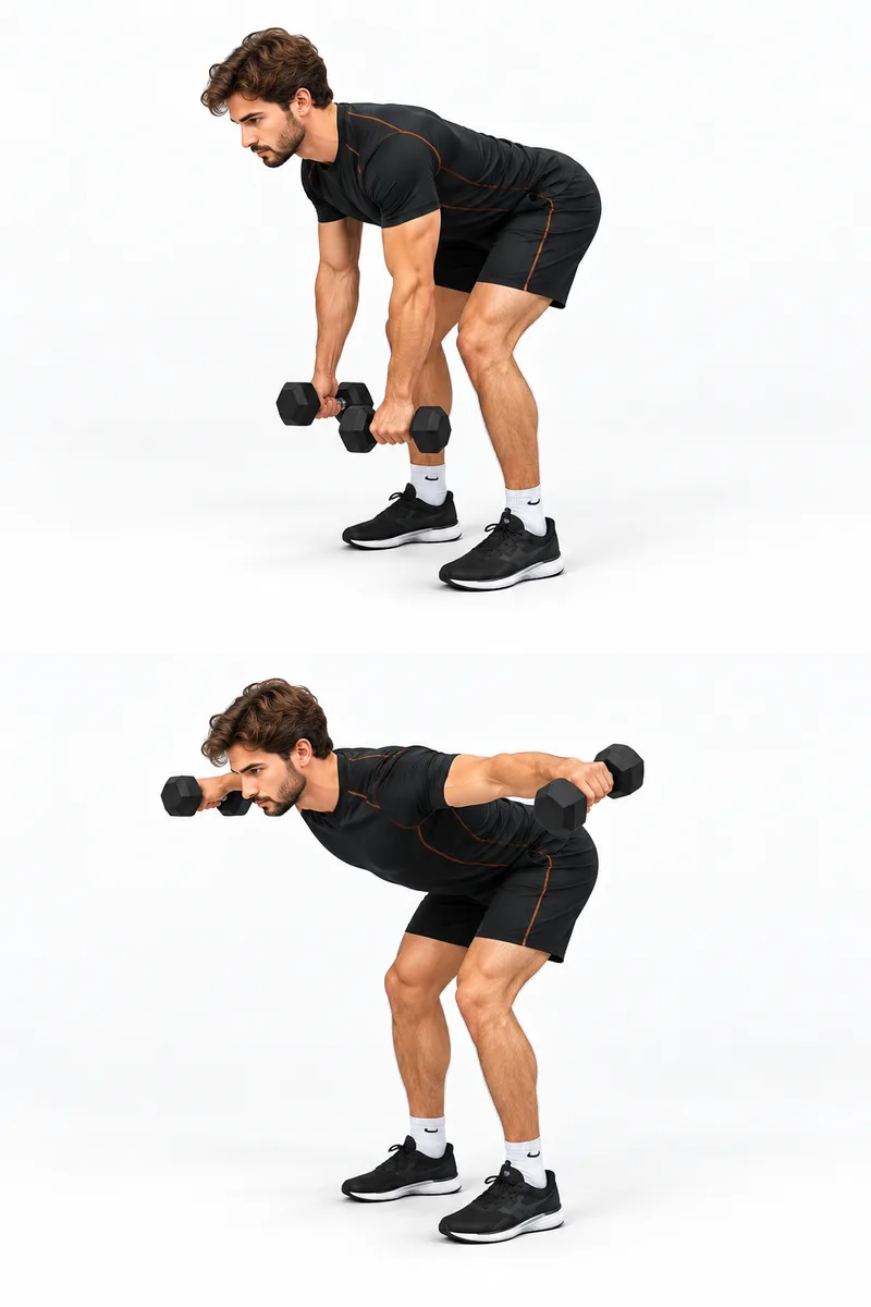 Buig vanuit de heupen voorover met zachte knieën en de dumbbells onder je schouders.