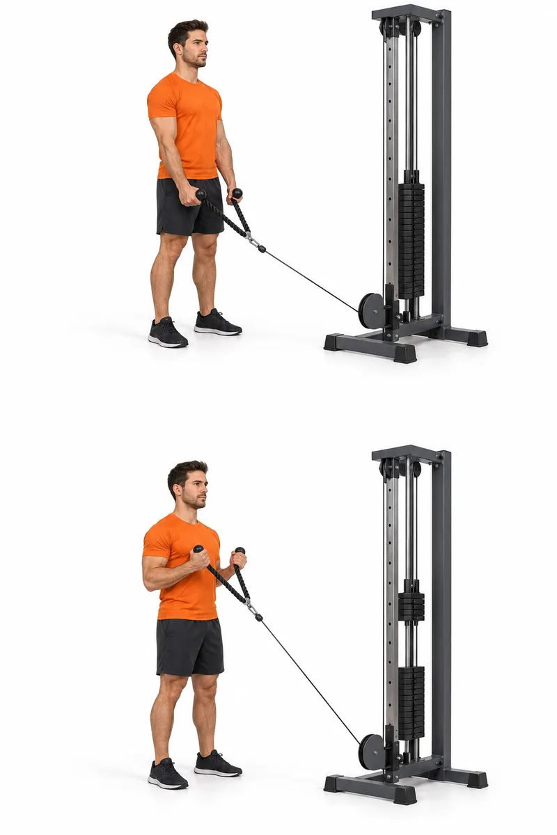 Twee touwuiteinden aan een lage kabel in neutrale greep naast de bovenbenen.