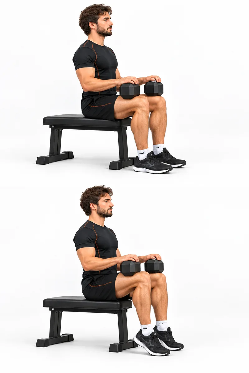Zit met gebogen knieën en een dumbbell op elk bovenbeen, vastgehouden met je handen.
