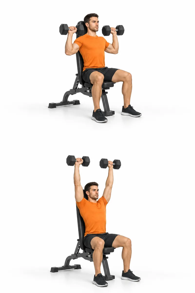Zittend tegen een rechte rugleuning met twee dumbbells naast de schouders.