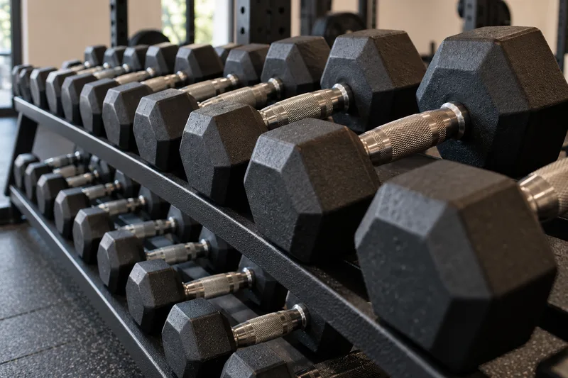 Dumbbells van verschillende gewichten op een rek