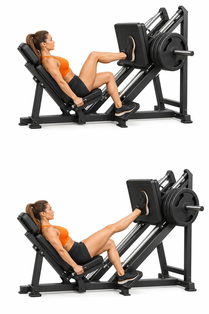Zittend in een schuine leg press met de werkvoet op de plaat, gebogen werkknie en de andere voet op een vaste steun.