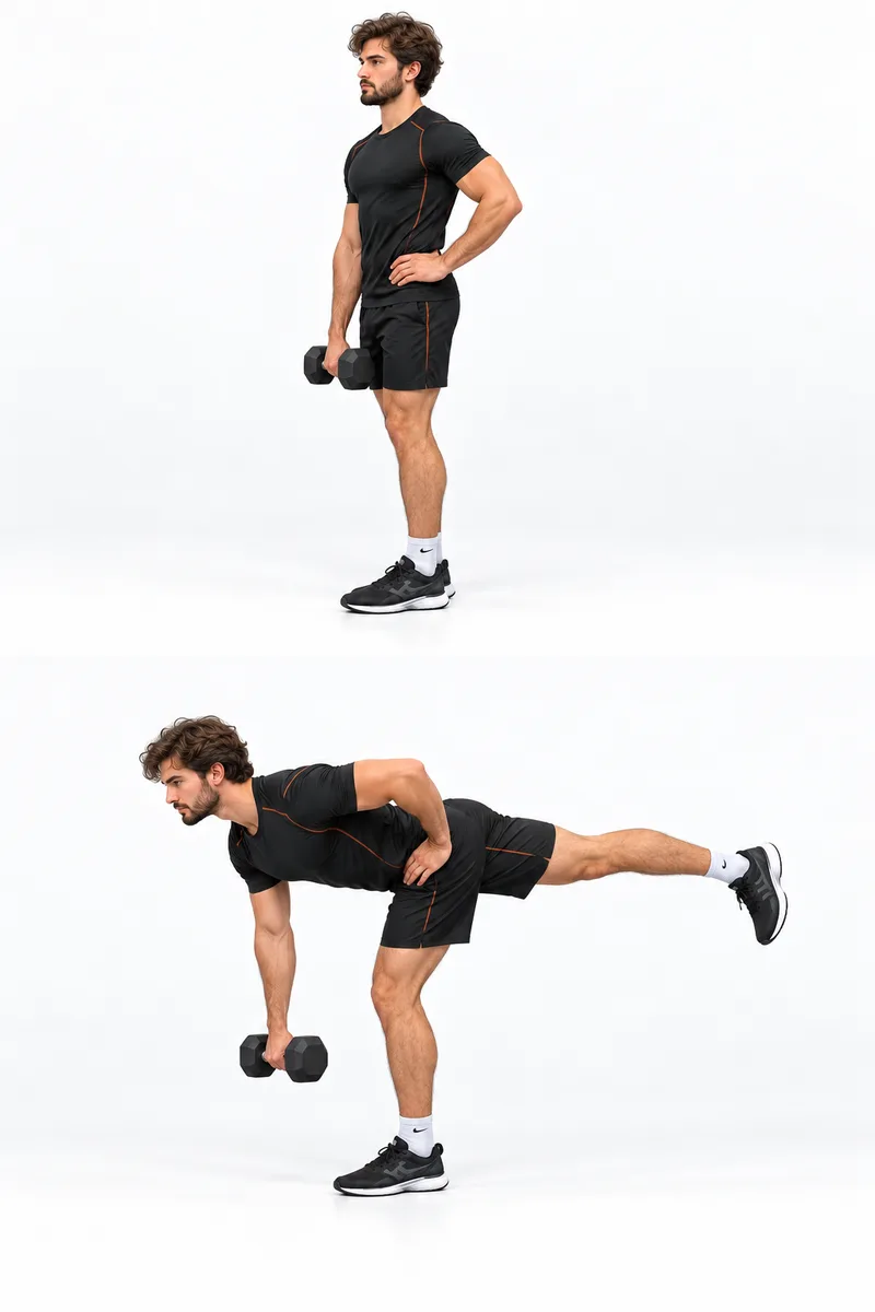 Houd de dumbbell in de hand tegenover je standbeen en buig de standknie licht.