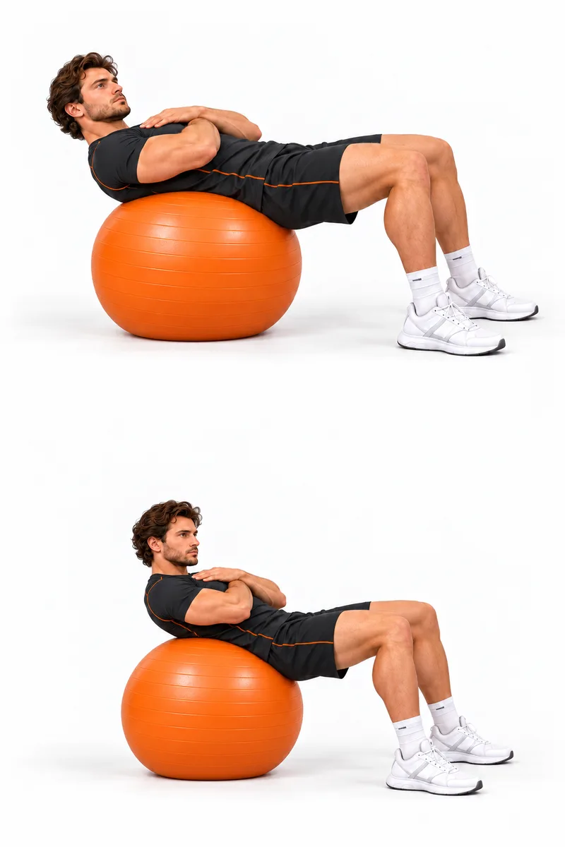 Sporter leunt met de onderrug op een fitnessbal, de voeten plat op de vloer en de armen gekruist over de borst.
