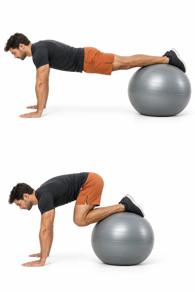 Hoge plank met beide onderbenen op de fitnessbal en handen op de vloer