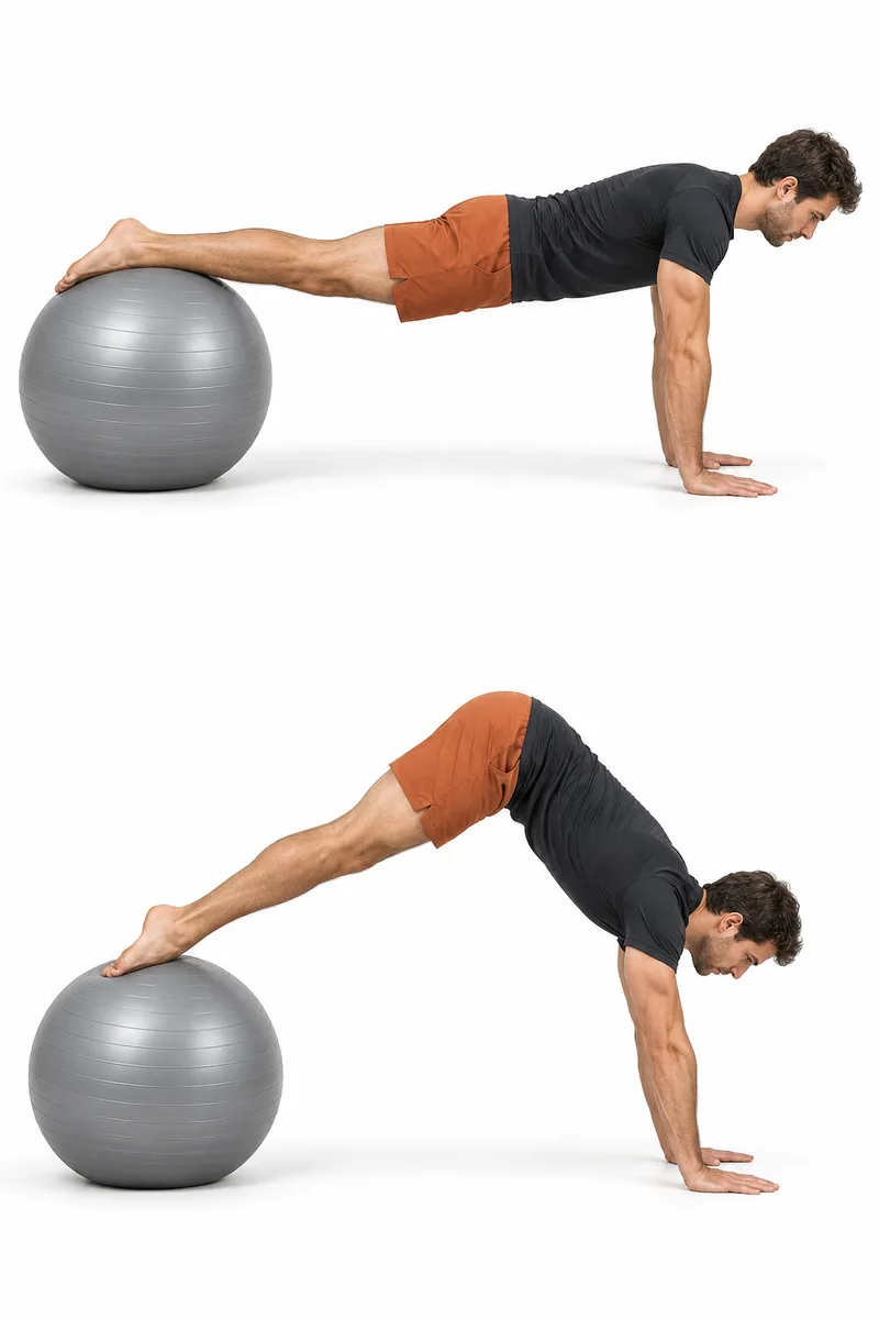 Handen onder de schouders op de vloer, benen lang en onderbenen op de fitnessbal