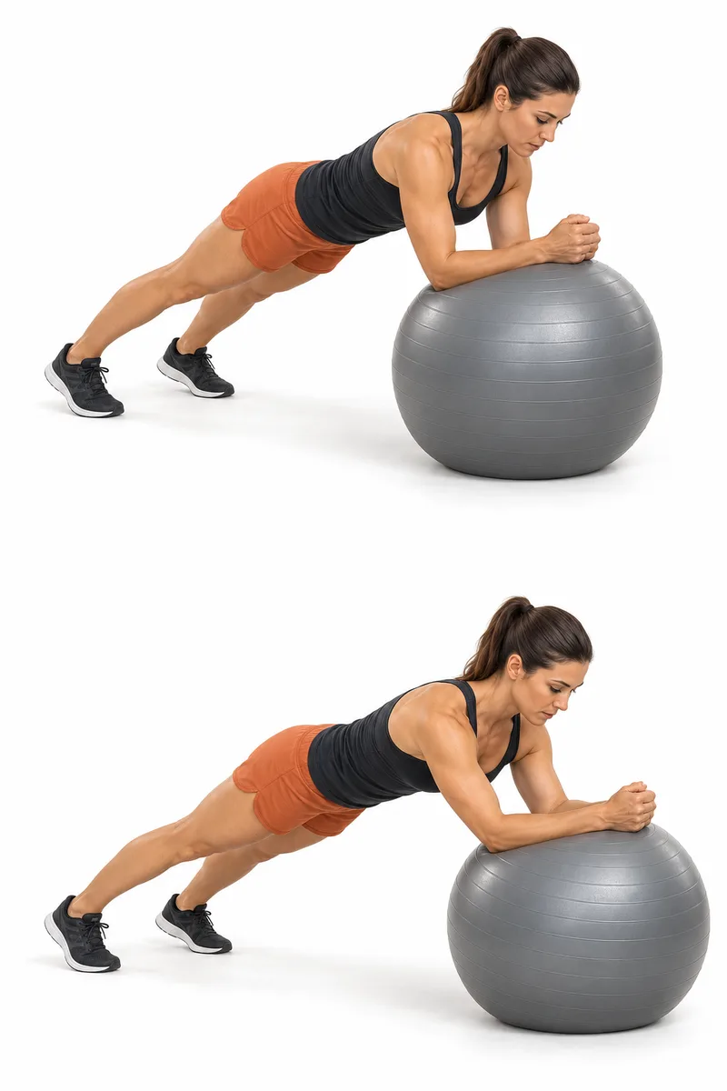 Onderarmen op de fitnessbal, benen lang en voeten breed op de vloer