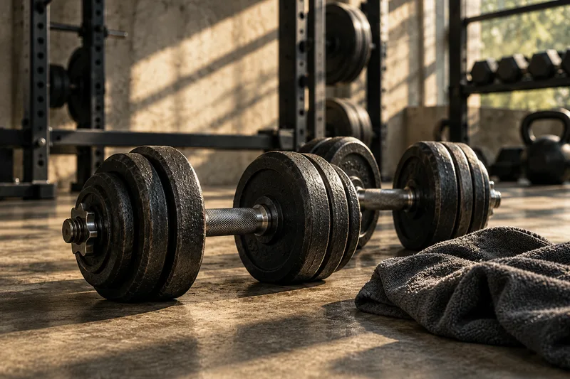 Dumbbells en een handdoek op de sportschoolvloer