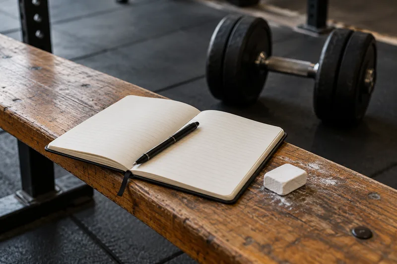 Een open trainingsschrift met pen en krijt naast een dumbbell