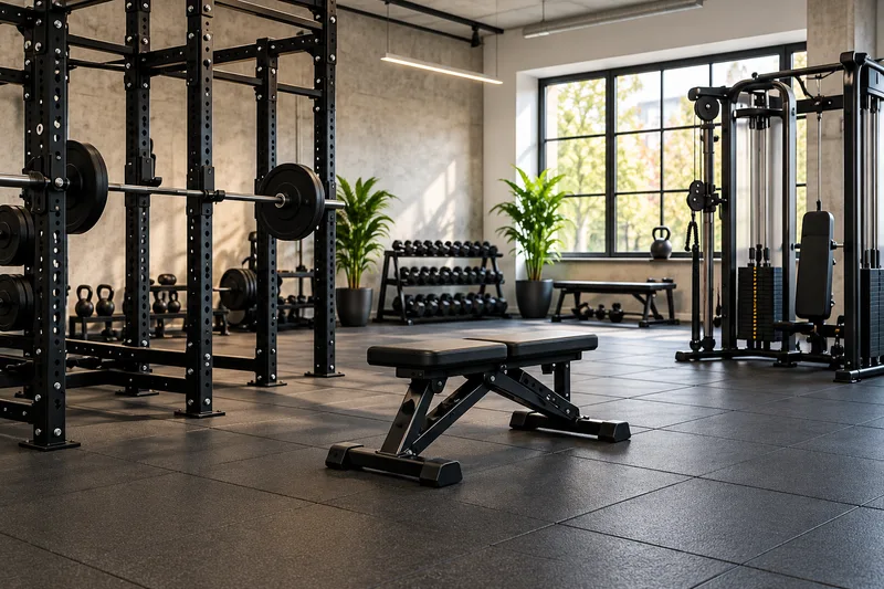 Een squatrek, trainingsbank en kabelapparaat in een lichte sportschool