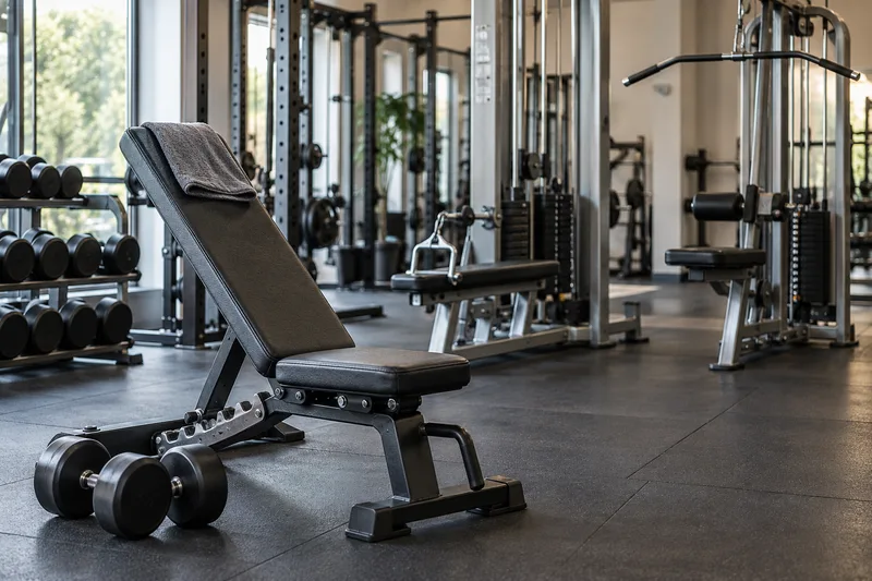 Een trainingsbank, dumbbells en kabelapparaten in een sportschool