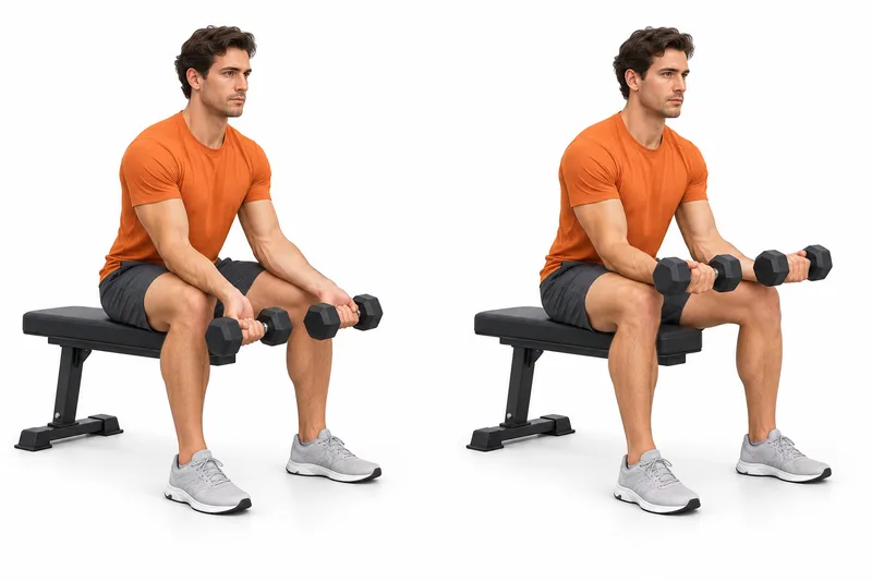 Zittend met onderarmen op de bovenbenen, handpalmen omhoog en dumbbells laag voorbij de knieën