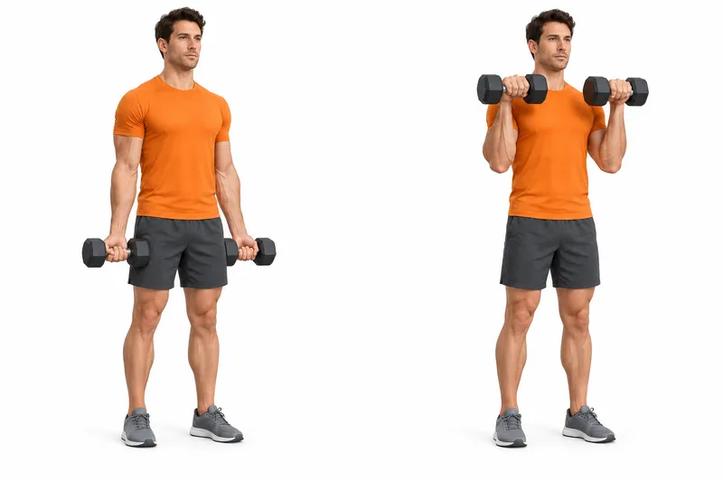 Staand met twee dumbbells laag, lange armen en handpalmen naar voren